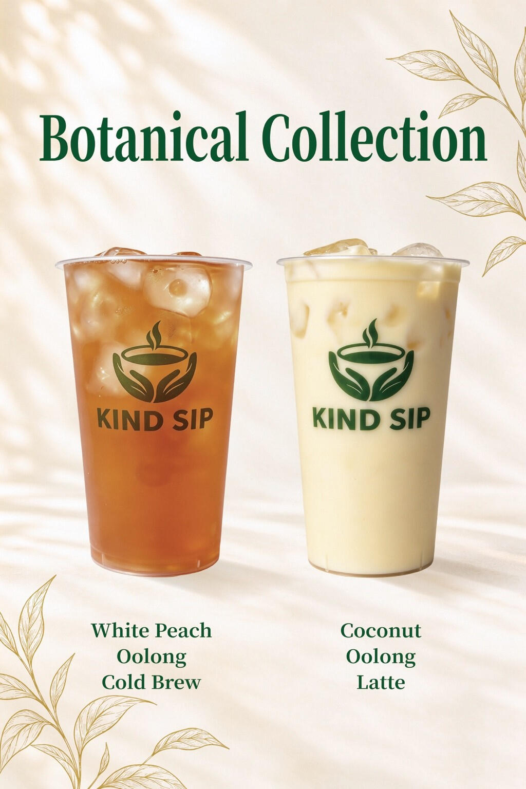 Kind Sip Botanical Collection featuring White Peach Oolong Cold Brew and Coconut Oolong Latte.