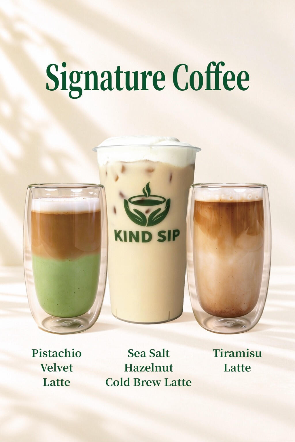 Kind Sip signature coffees featuring Pistachio Velvet Latte, Sea Salt Hazelnut Cold Brew Latte, and Tiramisu Latte.