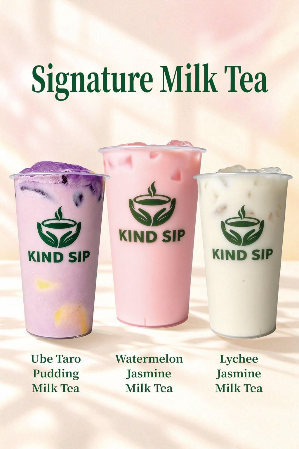 Kind Sip signature milk teas featuring Ube Taro Pudding, Watermelon Jasmine, and Lychee Jasmine.