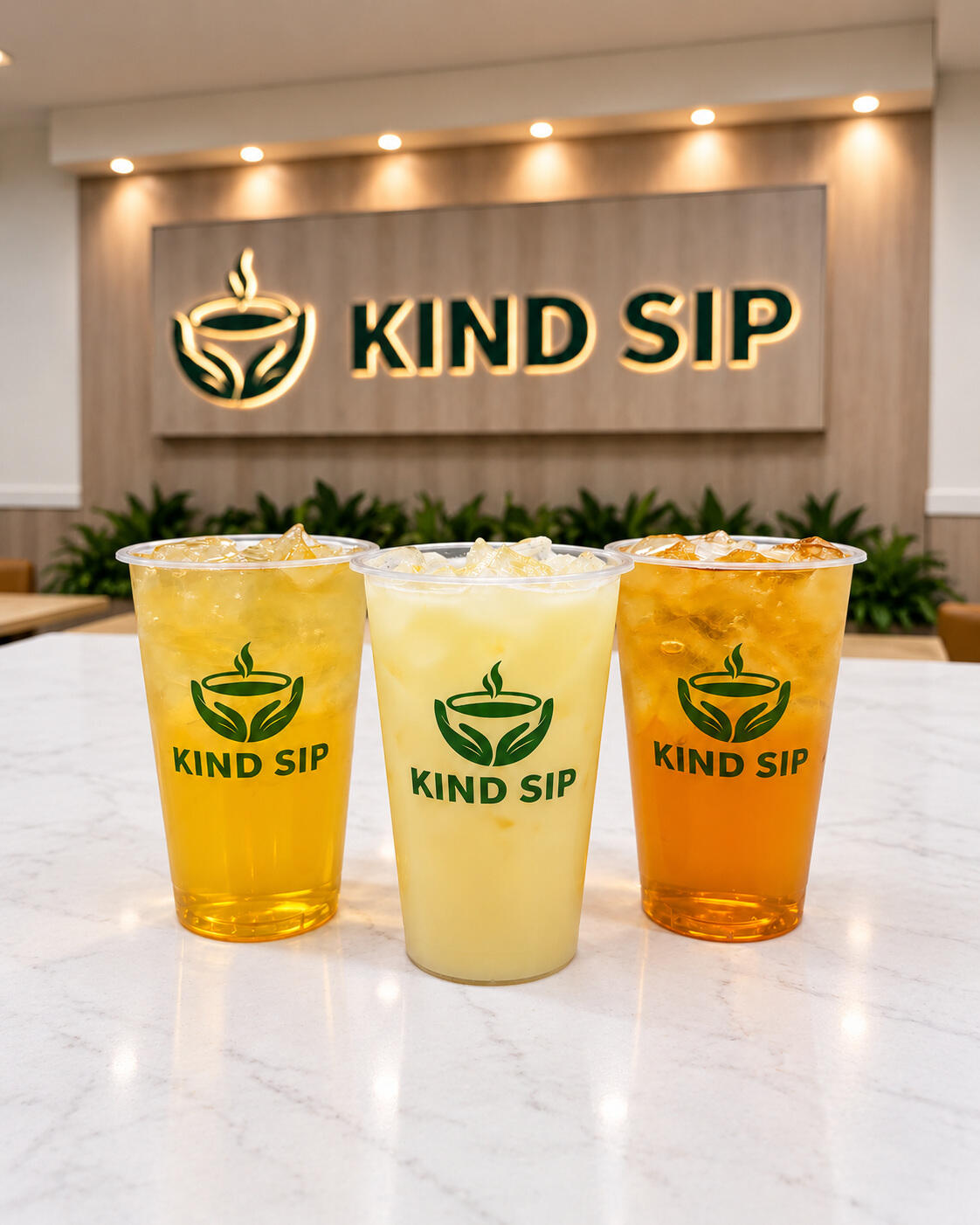 Three botanical tea drinks on a marble counter beneath the illuminated Kind Sip sign.